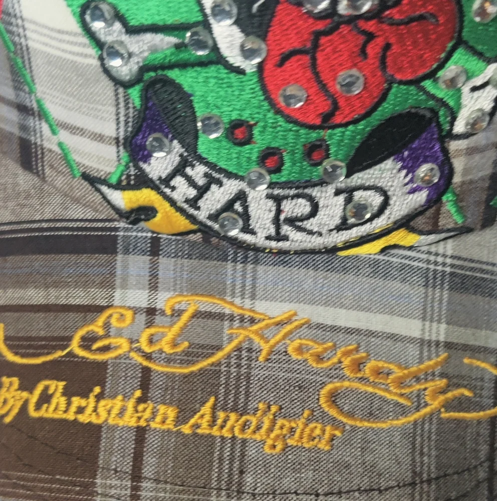 Ed Hardy Multicolor Plaid Cap with Skull Art